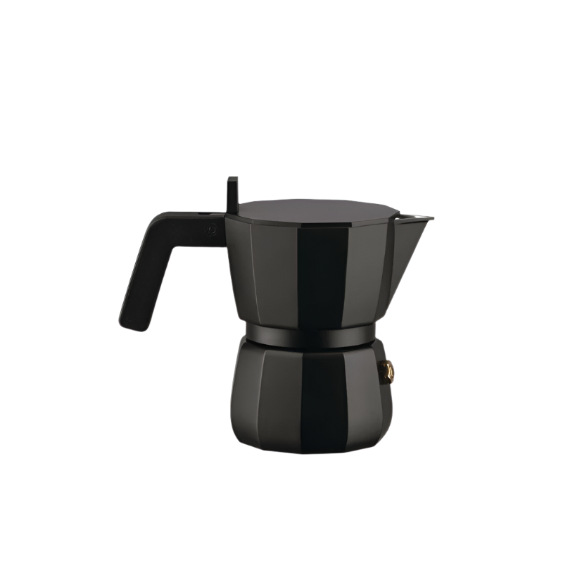 Alessi Espressokaffekanne Black 1 Tasse auf einem weißen Hintergrund