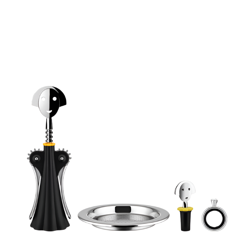 Alessi WEIN Set besteht aus "Anna G." Korkenzieher aus thermoplastischem Harz und verchromtem Zamak "Anna Stop 2" Flaschenverschluß aus thermoplastischem Harz "Noe" Tropfring aus Edelstahl 18/10 "Flaschenuntersetzer" aus Edelstahl 18/10