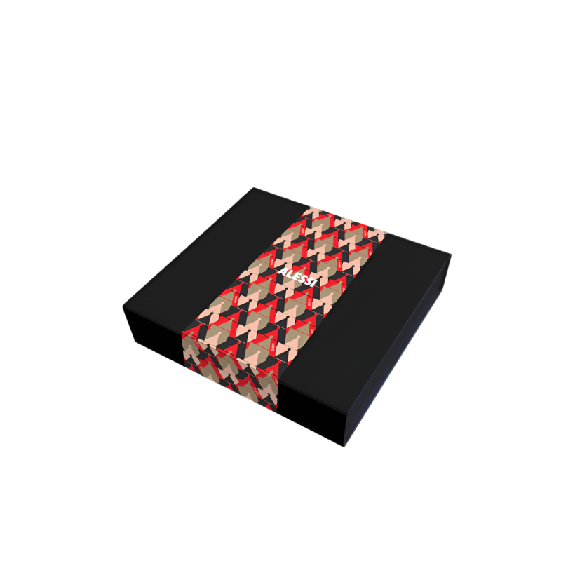 Alessi Wein-Set Verpackung geschlossen Set besteht aus "Anna G." Korkenzieher aus thermoplastischem Harz und verchromtem Zamak "Anna Stop 2" Flaschenverschluß aus thermoplastischem Harz "Noe" Tropfring aus Edelstahl 18/10 "Flaschenuntersetzer" aus Edelstahl 18/10