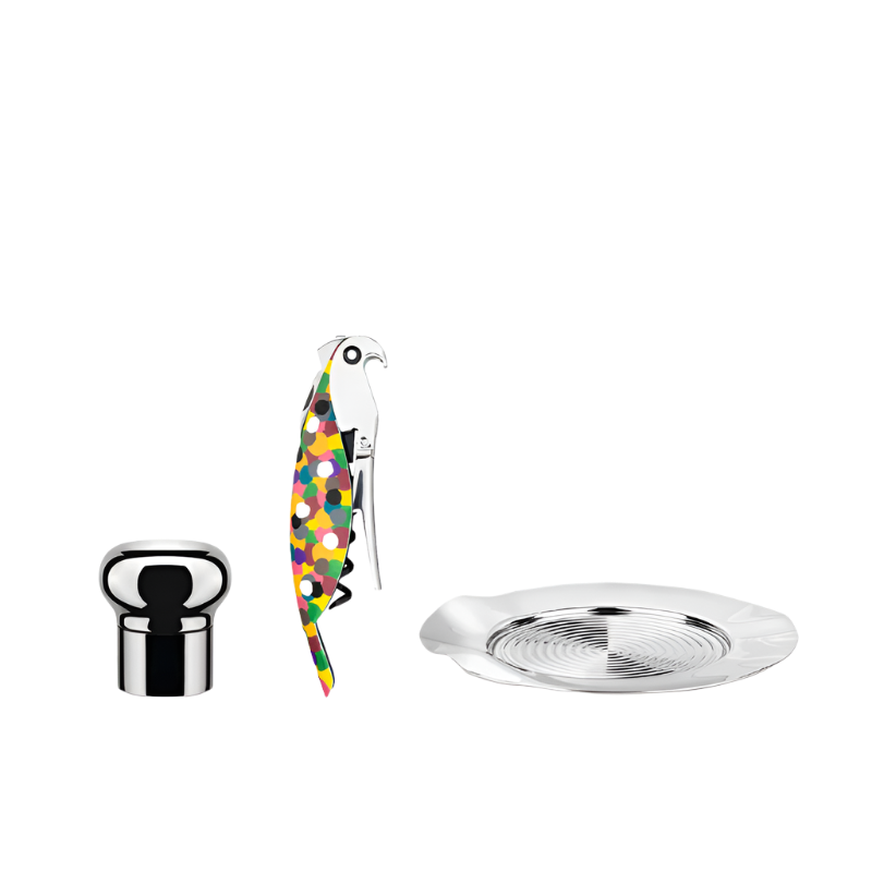 Alessi Set Wein "Parrot" besteht aus "Parrot-Proust" Korkenzieher aus PC & Gußaluminium "Noe" Wein & Champagnerverschluss aus Edelstahl 18/10 "Sitges" Flaschenuntersetzer aus Edelstahl 18/10