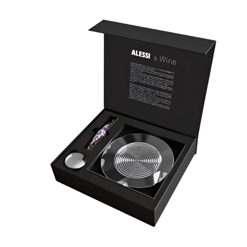 Alessi Set Wein "Parrot" Verpackung offen besteht aus "Parrot-Proust" Korkenzieher aus PC & Gußaluminium "Noe" Wein & Champagnerverschluss aus Edelstahl 18/10 "Sitges" Flaschenuntersetzer aus Edelstahl 18/10