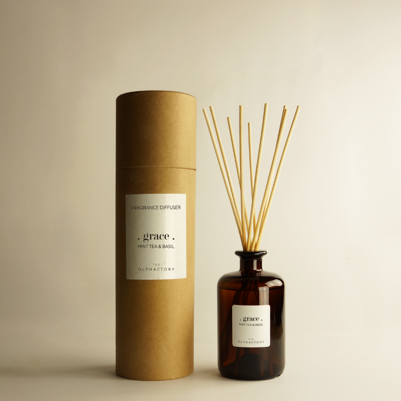 Diffuser "GRACE" Mint Tea & Basil von The Olphactory – minimalistisches Glasdesign, ohne offene Flamme