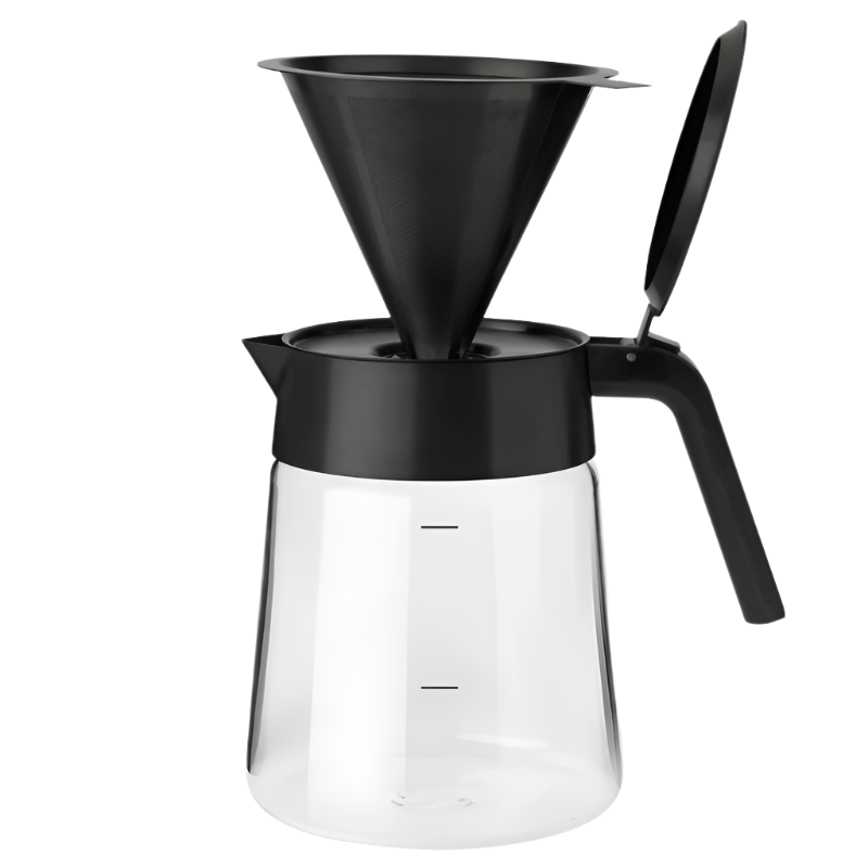 Glaskanne und Filter für Slow-Coffee "Nohr" auf einem weißen Hintergrund