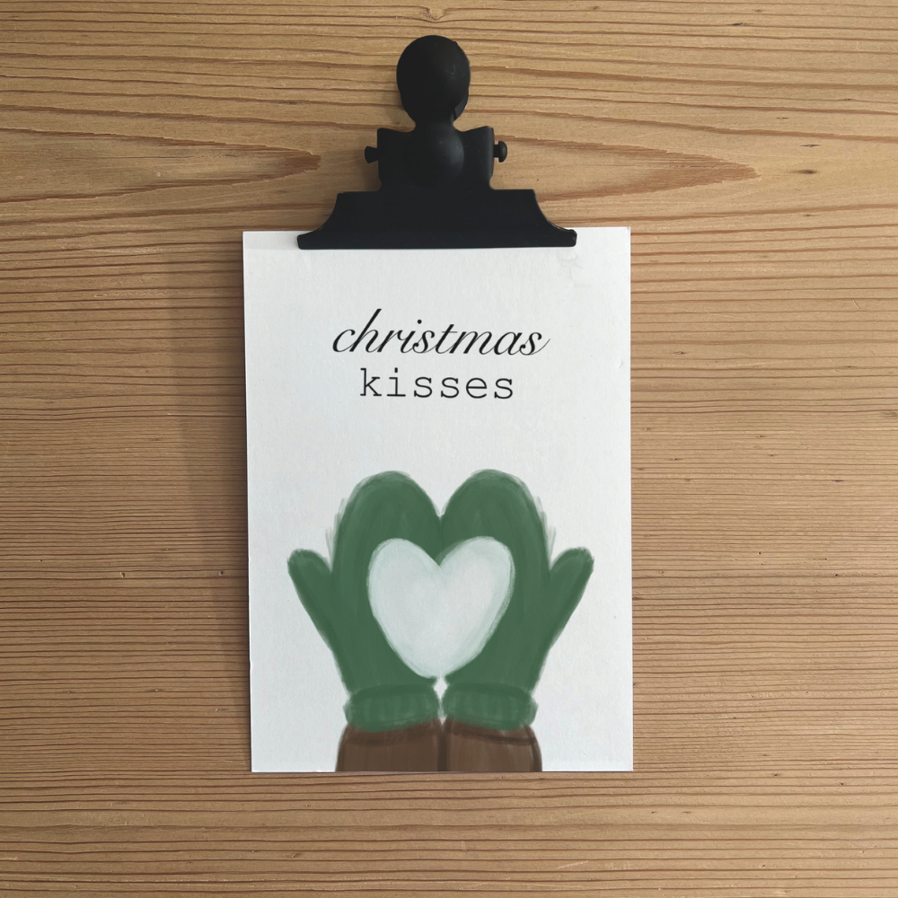 Karte „christmas kisses“ – Weihnachtsgrüße mit Herz aus Wollhandschuhen