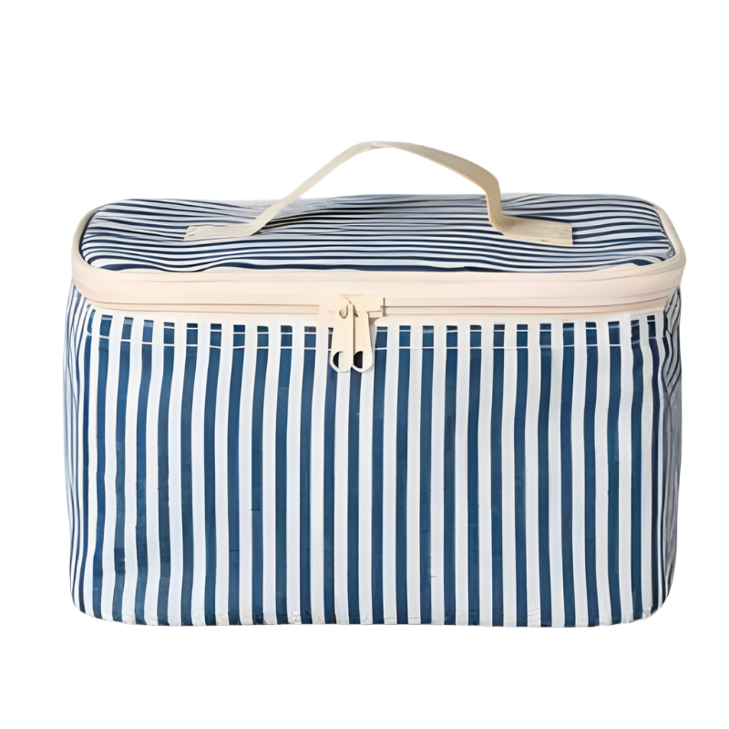 Kühltasche mit blau-weißen Streifen und cremefarbenem Reißverschluss – rechteckiges Design mit Tragegriff
