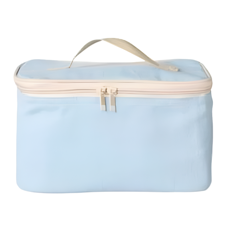 Kühltasche in einfarbigem Hellblau mit cremefarbenem Reißverschluss und Tragegriff – schlichtes, modernes Design