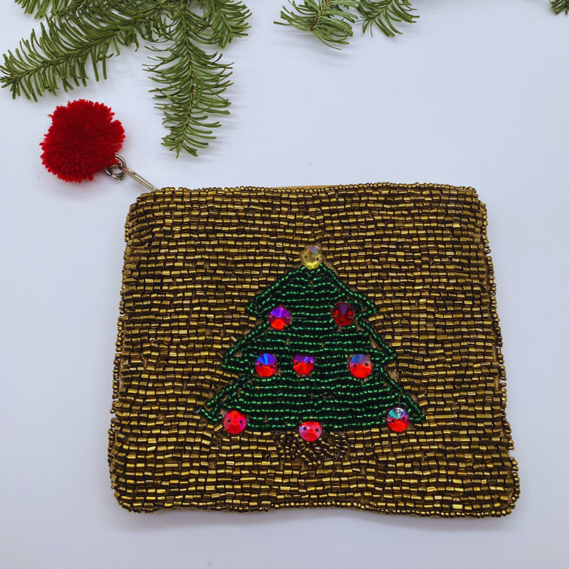 Perlchentäschchen mit Weihnachtsbaum gold
