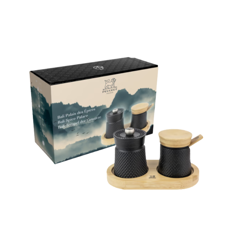 Pfeffermühle & Salzschälchen „Tempel der Gewürze“ Geschenkset aus Gusseisen