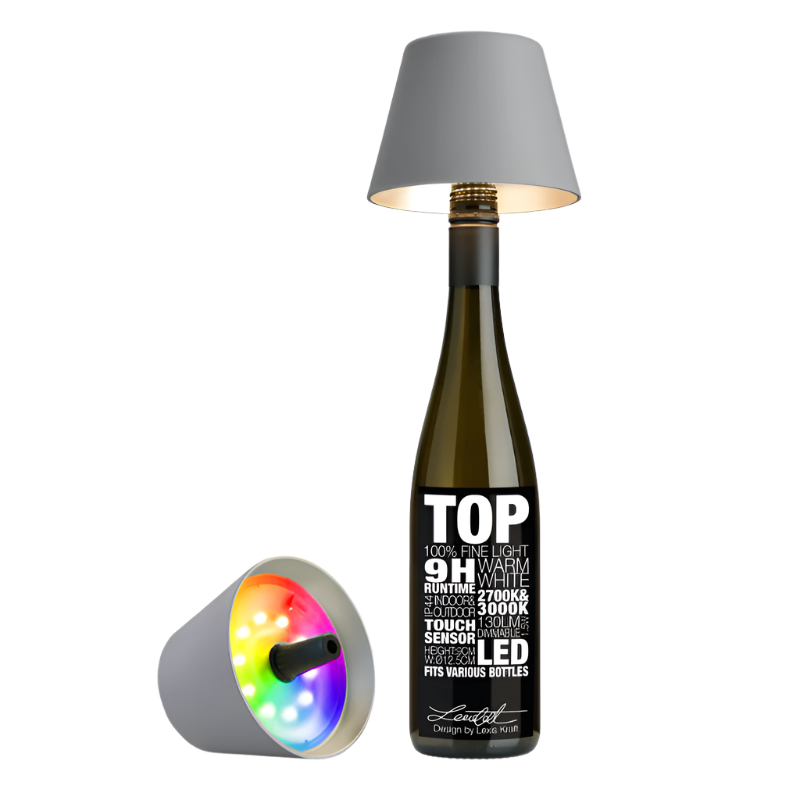 TOP LED Flaschenaufsatz-Leuchte 2.0 von Sompex mit (Deko) Flasche in Grau auf einem weißen Hintergrund