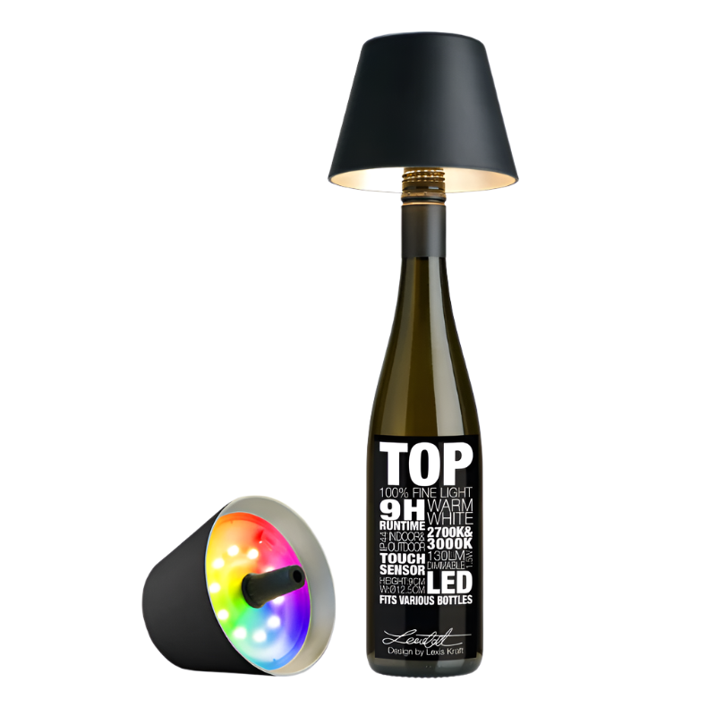 TOP LED Flaschenaufsatz-Leuchte 2.0 von Sompex mit (Deko) Flasche in Schwarz auf einem weißen Hintergrund