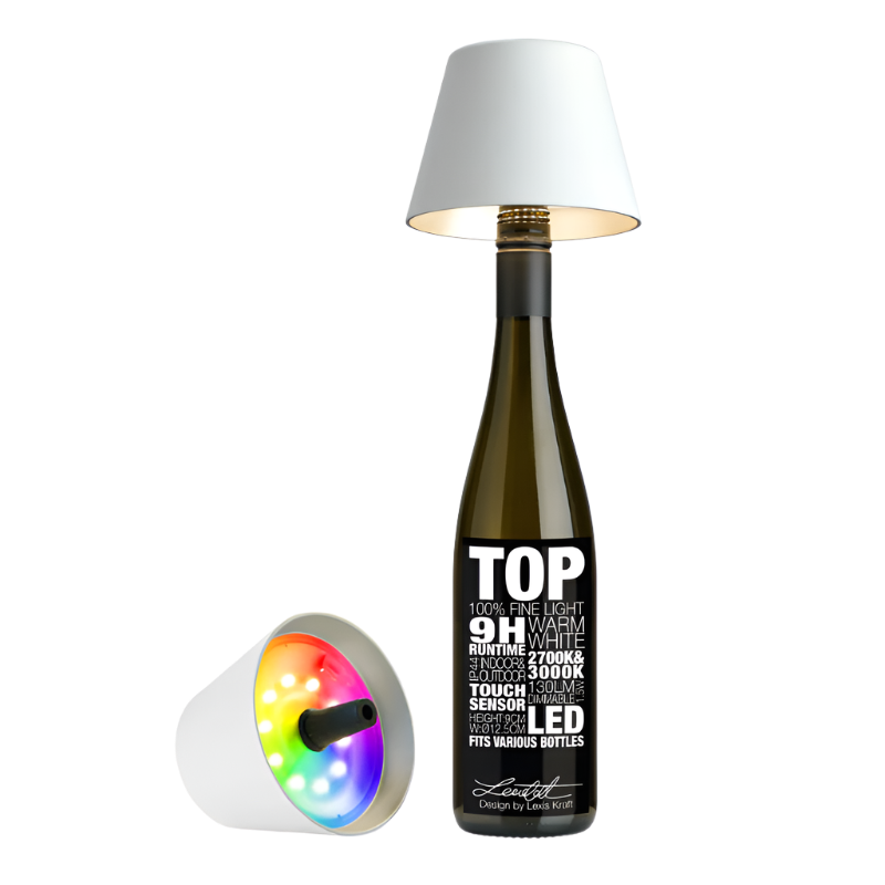 TOP LED Flaschenaufsatz-Leuchte 2.0 von Sompex mit (Deko) Flasche in Weiß auf einem weißen Hintergrund