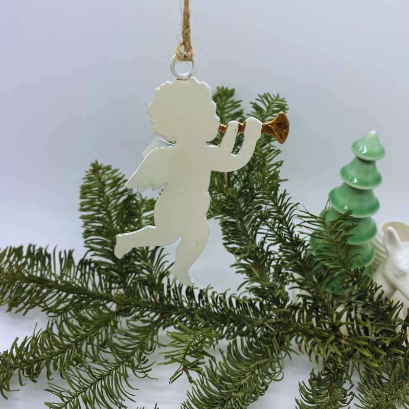 Weihnachtsanhänger "Engel mit Trompete" aus Emaille