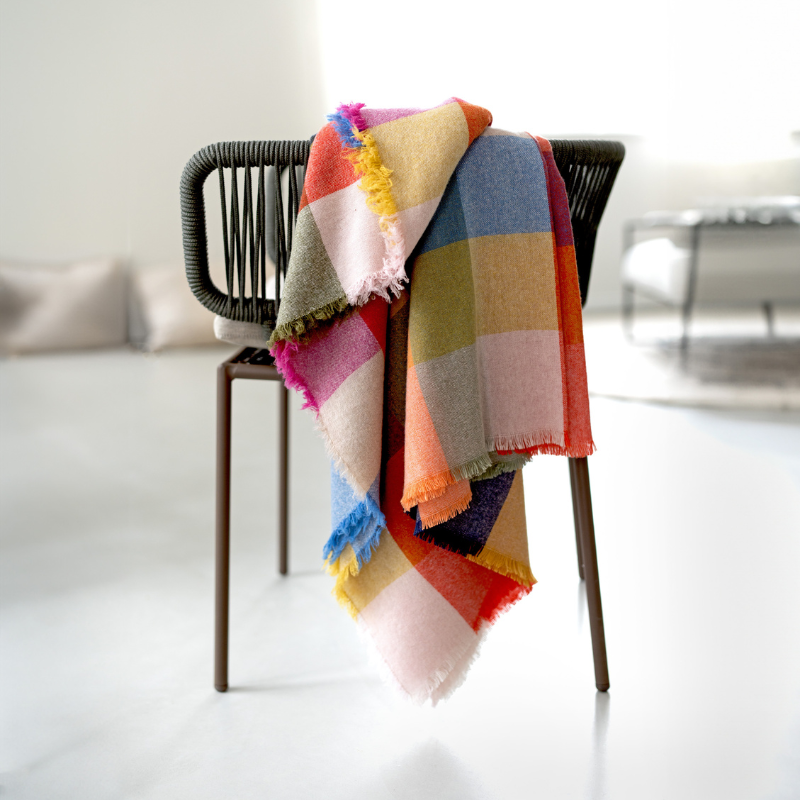 Woll Decke "St.Tropez" 145x210 cm - Rosa/Ocker/Bleu/Natural/Fuchsia