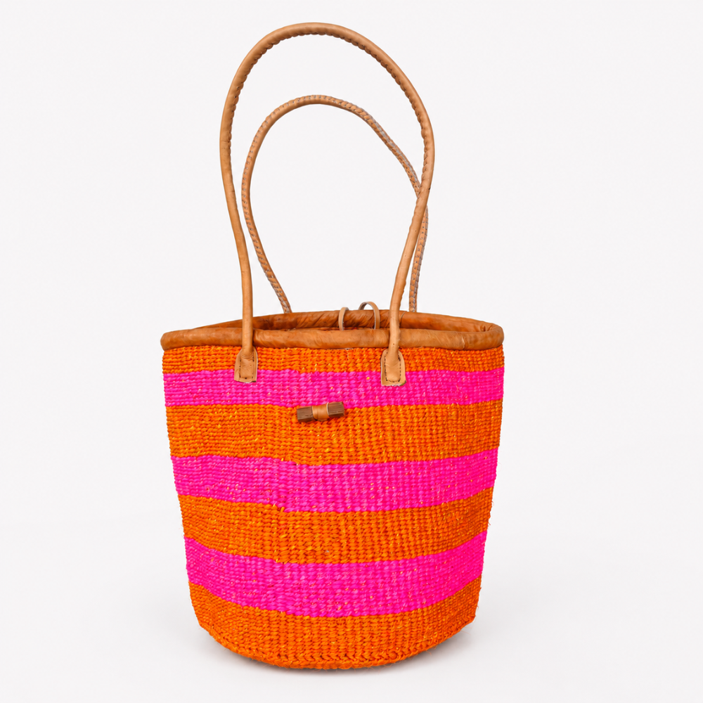 Handgeflochtener Sisalkorb – Orange/Pink gestreift – 47×28×31cm