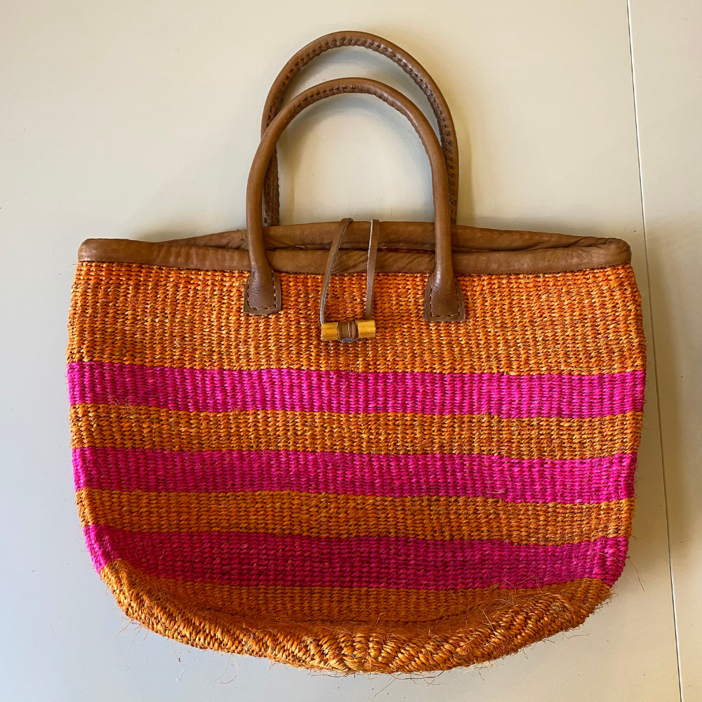 Handgeflochtener Sisalkorb – Orange/Pink gestreift – 47×28×31cm
