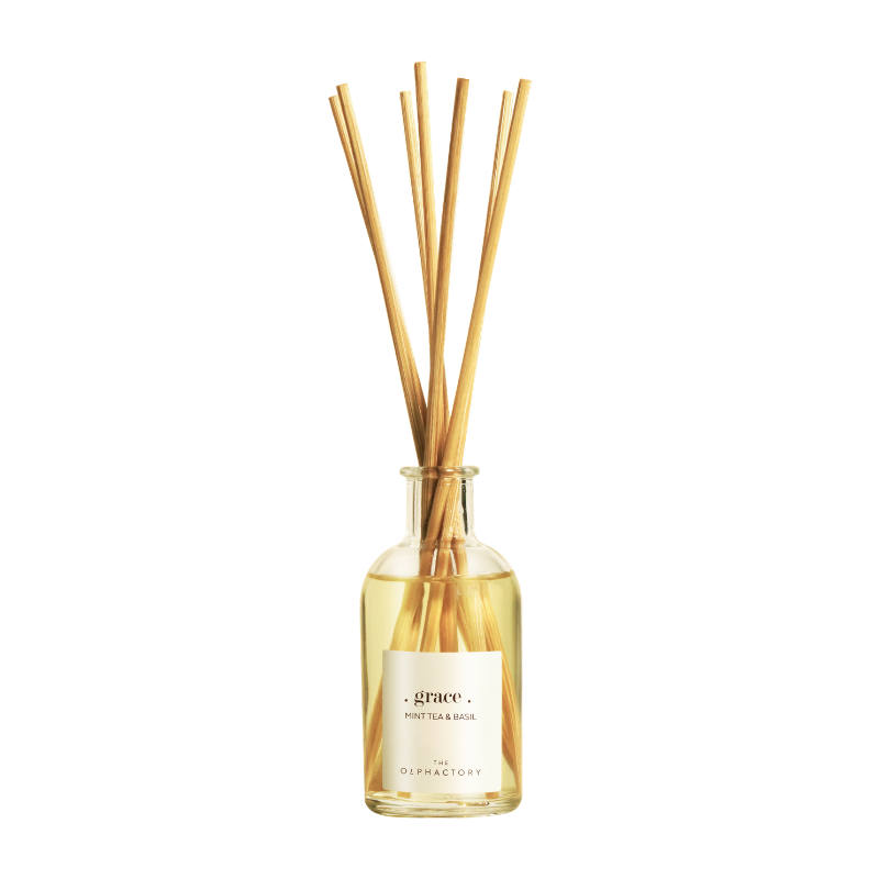 Diffuser "GRACE" Mint Tea & Basil von The Olphactory im Glasflakon – 100 ml, frischer Duft mit Minze und Basilikum