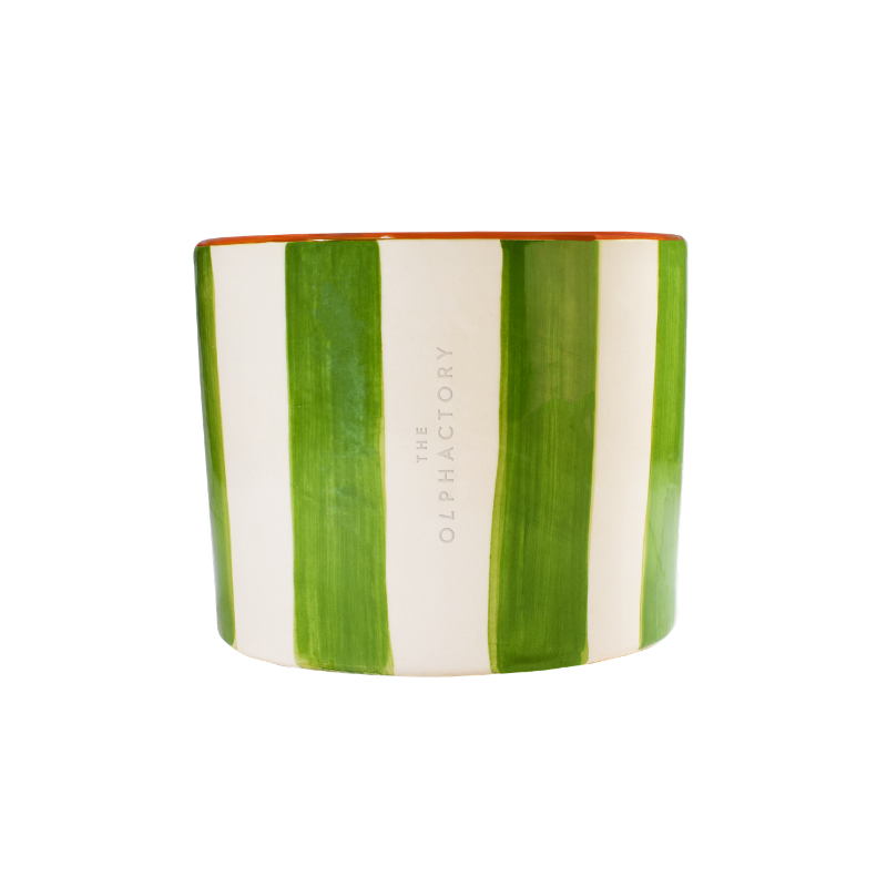 Duftkerze "Champs Élysées" Stripes XL von The Olphactory im Glasgefäß – 1250 g, eleganter Duft mit Zypresse, Zedernholz und Tonkabohne