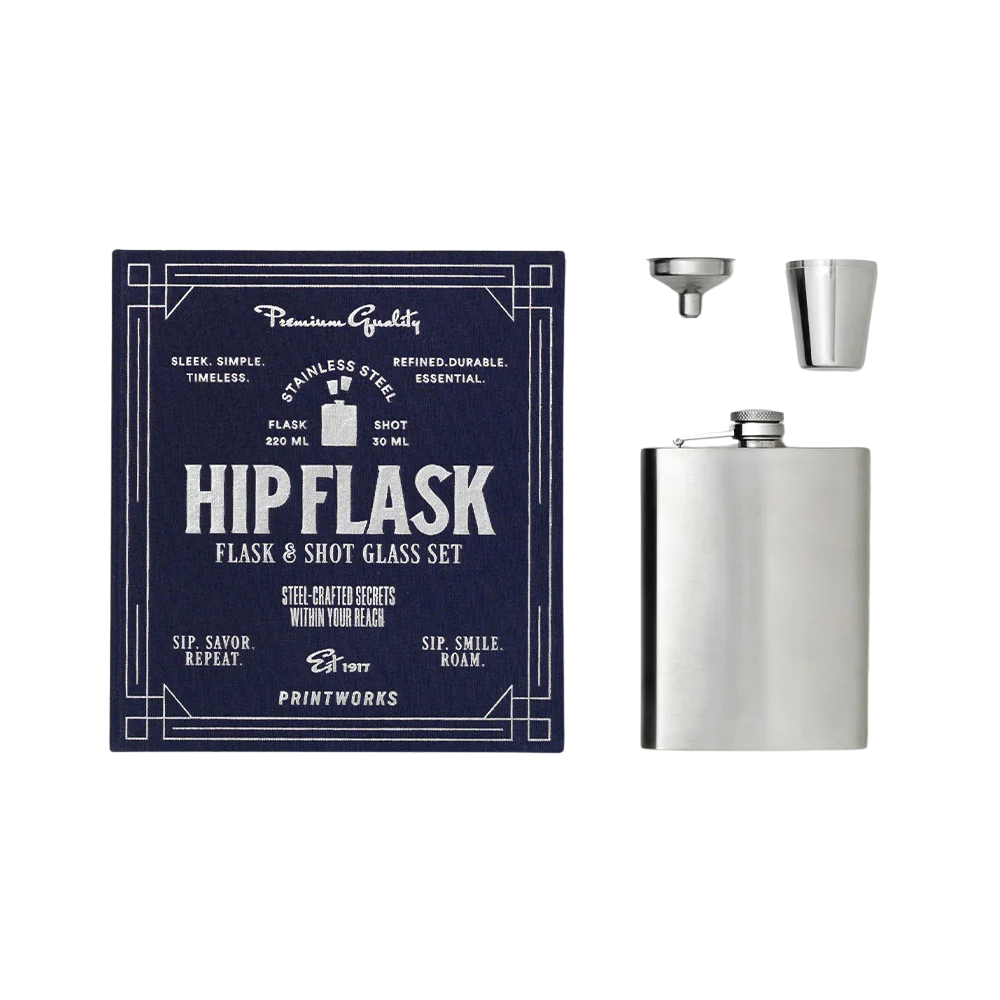 PRINTWORKS Flachmann Set Hip Flask vollständiger Inhalt