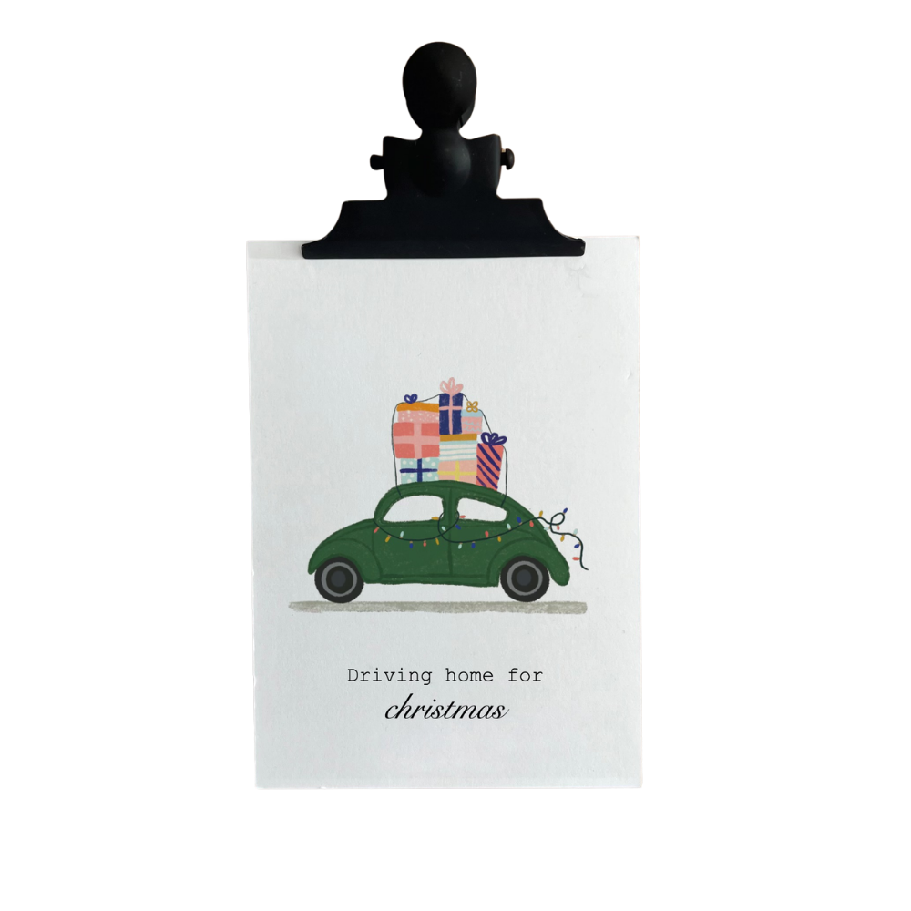 Karte „Driving home for Christmas“ – Weihnachtsgrüße mit Käfer und Lichterkette