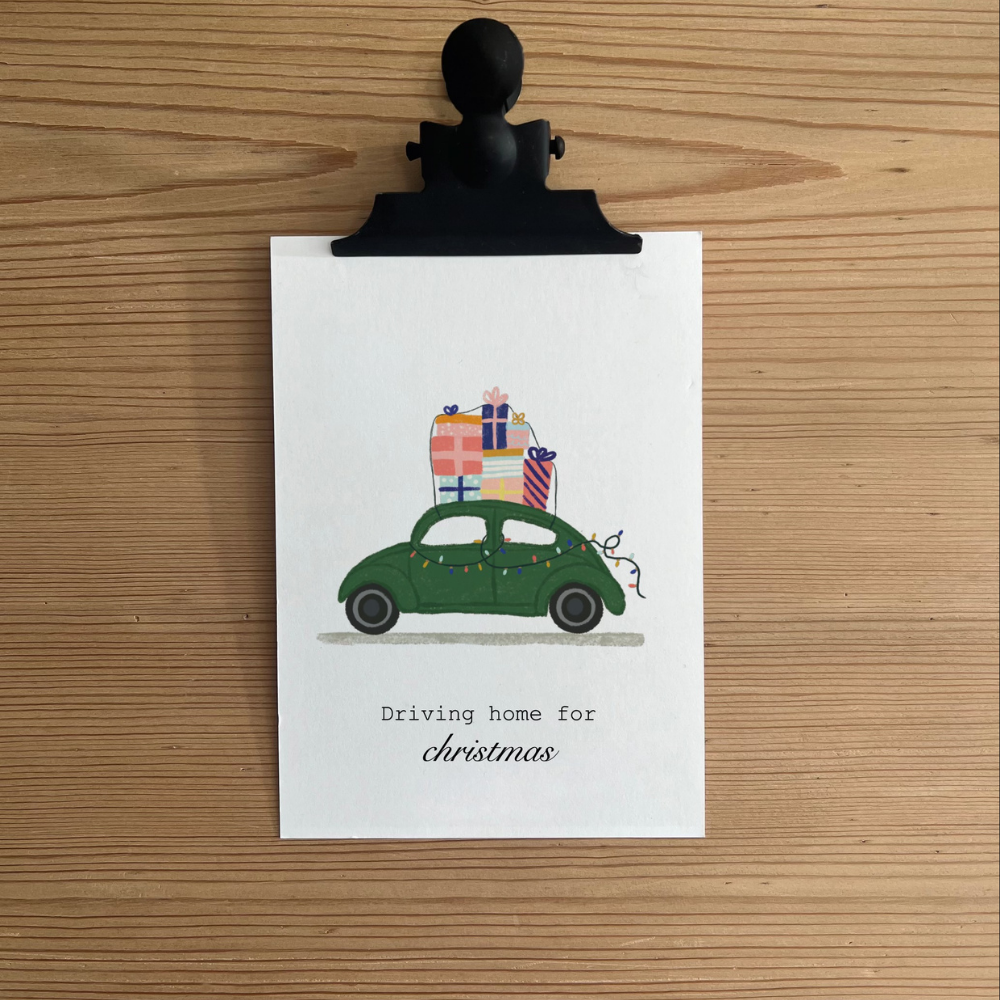 Karte „Driving home for Christmas“ – Weihnachtsgrüße mit Käfer und Lichterkette