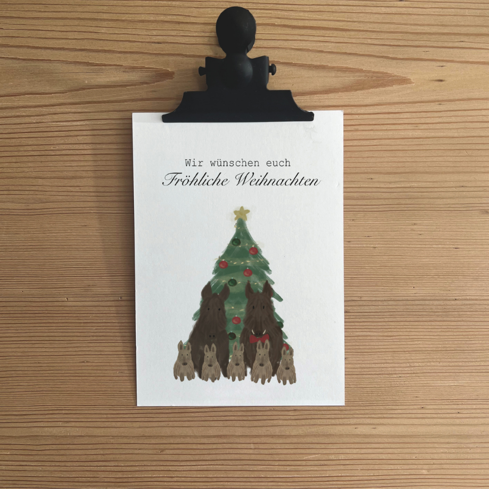 Karte „Wir wünschen euch Fröhliche Weihnachten“ – Weihnachtsgrüße mit Wildschweinfamilie